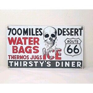 Vintage Porcelain Ande Rooney Metal Thirsty's Diner Route 66 Skull Sign 12.5x7